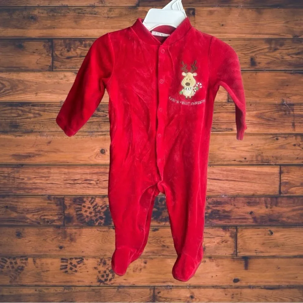 5 for $25🔥3-6 Months First Impressions Red‎ Velvet Reindeer Footie Jumpsuit